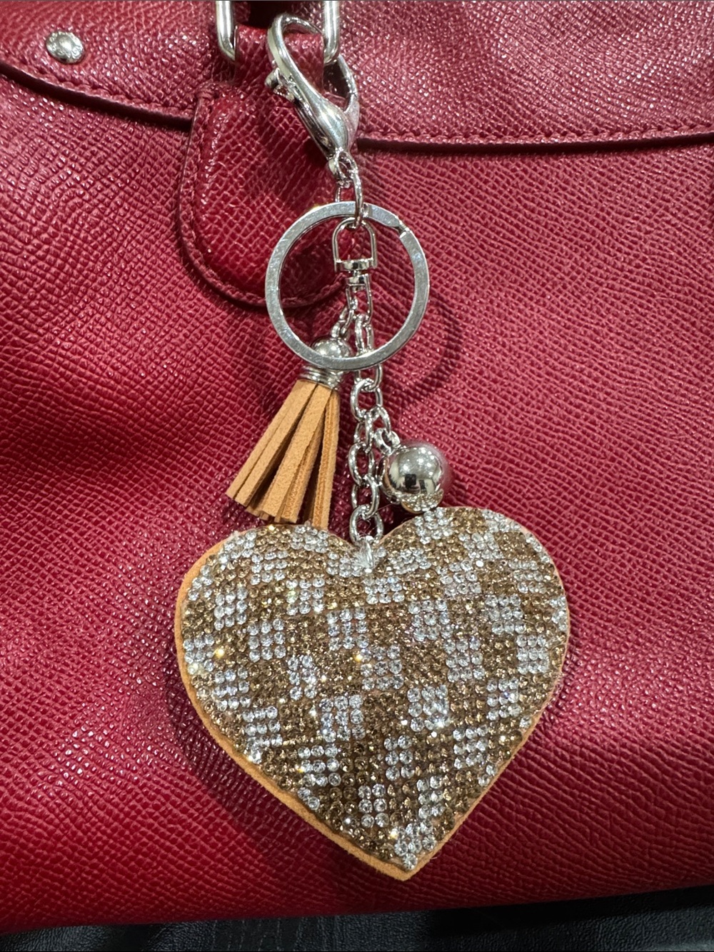 Sparkling Gold & Silver Heart Keychain with Tan Tassel
